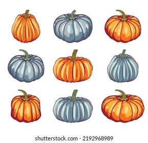 set of blue and orange pumpkins of different shapes on a white background. halloween. vector illustration