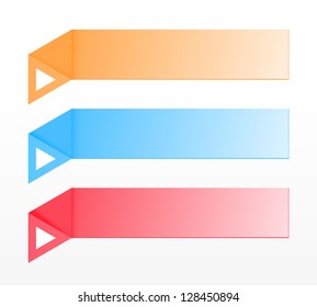 Set of blue, orange and red, glossy folded buttons with arrow.