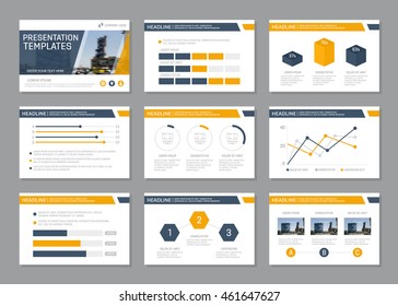 Conjunto de modelo azul e laranja para slides de apresentação multiuso. Folheto, relatório anual, design da capa do livro.