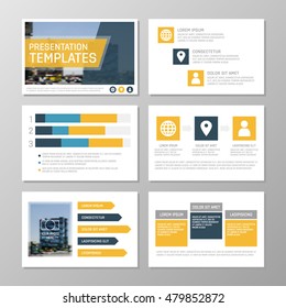 Set of blue and orange template for multipurpose presentation slides with graphs and charts. Leaflet, annual report, book cover design.