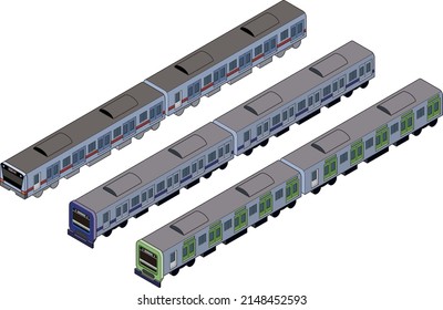 Set of blue, orange, and yellow-green three-dimensional train illustrations. Set of three-dimensional illustrations in isometric style for use in infographics. With main lines. Transportation concept.