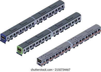 Set of blue, orange, and yellow-green three-dimensional train illustrations. Set of three-dimensional illustrations in isometric style for use in infographics.Transportation concept.