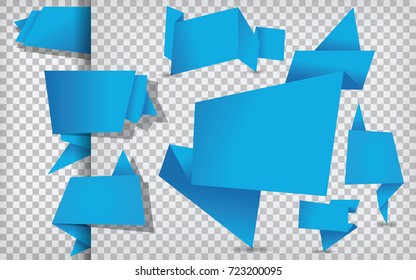 set of blue origami tags, banners and labels on the transparency background