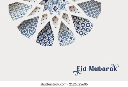 Set of blue ornamental arabic tiles, patterns through ornamental star window. Greeting card, invitation for Muslim holiday Ramadan Kareem. Vector illustration bacground, Eid Mubarak web banner.