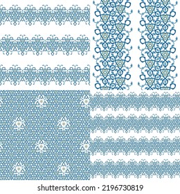 Set of blue ornamental seamless vector patterns on white background. Traditional ethnic ornament in Indian, Turkish, Arabic, Jewish, Ukrainian motif. Good for wallpaper, ceramics, textile, fabric.