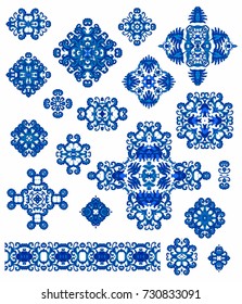 Set of blue ornamental vector rosettes and decorative shapes on white background