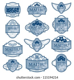 Set of blue ornate labels on white background. Grouped for easy editing. Perfect for labels or stickers for wine, tea, coffee, soap, beer, powder, cologne and etc.