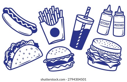 Set of blue outline fast food icons featuring a burger hot dog french fries taco soda and condiment squeeze bottles