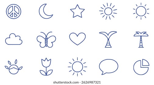 Set of blue outline icons representing nature symbols peace love and graphic elements