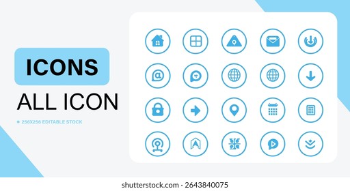 A set of blue outlined vector icons in circles, representing various functions for user interface designs.