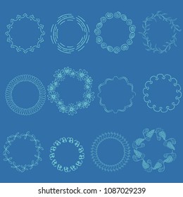 Set with Blue Oval Frames Made of Lines, Spirals, Flowers, Copybook Springs, Tree Brunches and other Abstract Ornaments. Blue Frames Isolated on Dark Blue Background. Vector EPS 10