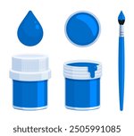 Set of blue paint bottle with brush and paint drop. Flat vector illustration isolated on white background. Tempera, gouache, acrylic, and watercolor painting concepts. Perfect for creative projects