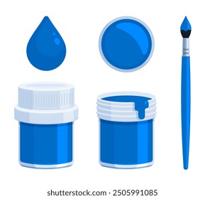 Set of blue paint bottle with brush and paint drop. Flat vector illustration isolated on white background. Tempera, gouache, acrylic, and watercolor painting concepts. Perfect for creative projects