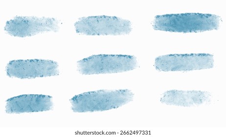 Conjunto de trazos de pincel de pintura azul sobre fondo blanco. Colección de texturas de pincel pintadas a mano en diversas Formas y espesores. Vector.
