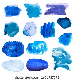 Definir traçados de pincel de tinta azul, desenhados à mão. coleção vetor abstrato gradiente linhas turquesa e borrões em branco plano de fundo isolado