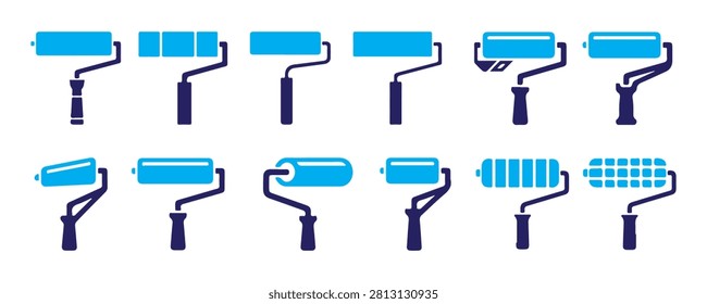 Set of blue paint roller icons on white background for renovation and decoration
