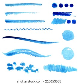 Set of blue paint strokes and stains. Collection vector design elements