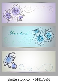 A set of blue paper banners or invitations with beautiful hand painted flowers