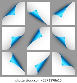 Set of blue paper curls. Curled page corner with shadow. Blank sheet of paper. Colorful shiny foil. Design element for advertising and promotion. Vector illustration.