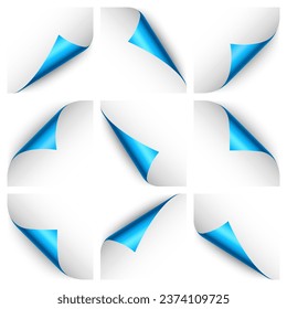 Conjunto de rizos de papel azul. Esquina de página curvada con sombra. Hoja de papel en blanco. Lámina resplandeciente y colorida. Elemento de diseño para publicidad y promoción. Ilustración del vector