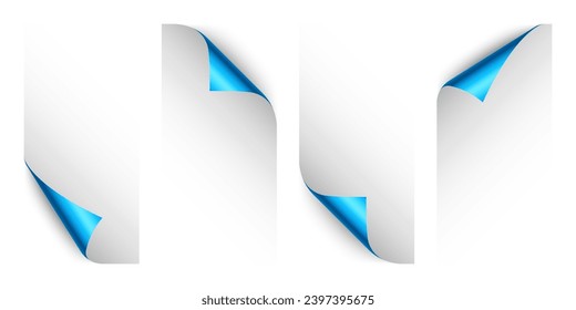 Set of blue paper curls. Curled page corner with shadow. Blank sheet of paper. Colorful shiny foil. Design element for advertising and promotion. Vector illustration.