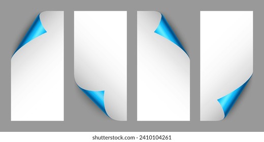 Set of blue paper curls. Curled page corner with shadow. Blank sheet of paper. Colorful shiny foil. Design element for advertising and promotion. Vector illustration.