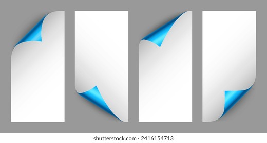 Set of blue paper curls. Curled page corner with shadow. Blank sheet of paper. Colorful shiny foil. Design element for advertising and promotion. Vector illustration.