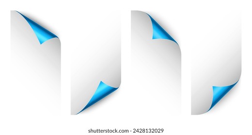 Set of blue paper curls. Curled page corner with shadow. Blank sheet of paper. Colorful shiny foil. Design element for advertising and promotion. Vector illustration.
