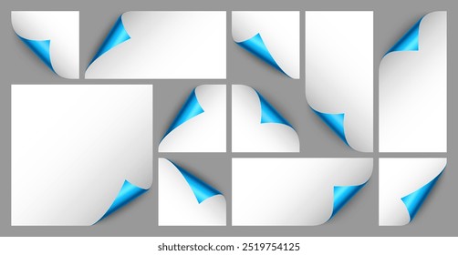 Conjunto de rolos de papel azuis. Canto de página ondulado com sombra. Folha em branco. Folha brilhante colorida. Elemento de design para publicidade e promoção. Ilustração vetorial.