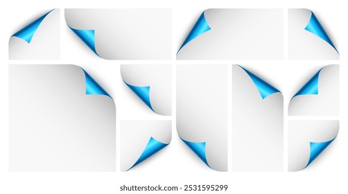 Set of blue paper curls. Curled page corner with shadow. Blank sheet of paper. Colorful shiny foil. Design element for advertising and promotion. Vector illustration.