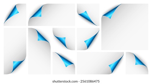 Set of blue paper curls. Curled page corner with shadow. Blank sheet of paper. Colorful shiny foil. Design element for advertising and promotion. Vector illustration.
