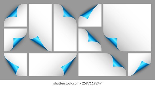 Set of blue paper curls. Curled page corner with shadow. Blank sheet of paper. Colorful shiny foil. Design element for advertising and promotion. Vector illustration.