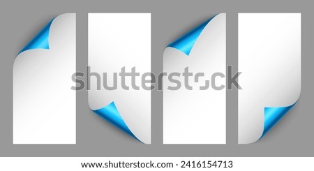 Set of blue paper curls. Curled page corner with shadow. Blank sheet of paper. Colorful shiny foil. Design element for advertising and promotion. Vector illustration.