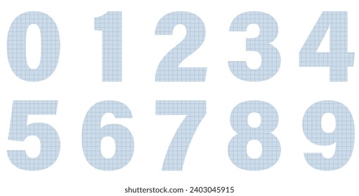 Set of blue paper numbers isolated on white. Paper from a notebook in a cell. Alphabet. Vector graphic elements for design