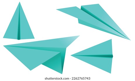 set of blue paper planes 3D model jet. Different view paper airplanes isolated on transparent background – stock vector