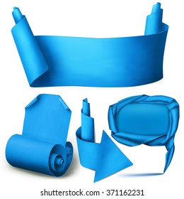 Set of blue paper realistic elements. Banner, arrow, pointer and curved blank. Vector Illustration