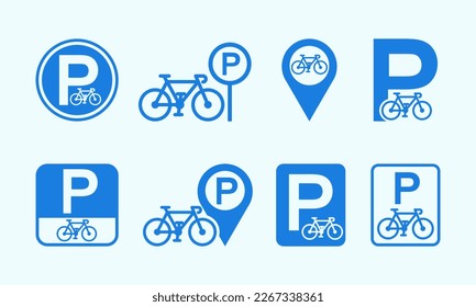 Conjunto de señales vectoriales de bicicleta de estacionamiento azul. Lugar para la bicicleta. Área para ciclista. Iconos vectores.