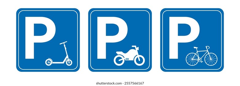 Set of blue parking lots signs. Letter - P, collection of parking symbols. Motorbike, bicycle and scooter parking signs isolated on white background. flat vector illustration