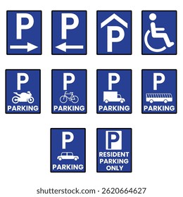 Set of blue parking signs including general parking, disabled parking, reserved spots, and no parking zones.

Tags: