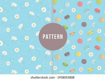 Set blue pattern for decorating fon with macarons and chamomile.