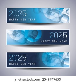 Set of Blue Patterned Horizontal Christmas, Happy New Year Headers or Banners Design for Web - 2025