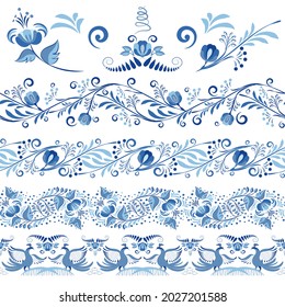 Conjunto de bordes de la Seamless con estampado azul y elementos para el diseño en un estilo de pintura de porcelana étnica. Cepillos florales con hojas y flores aisladas en blanco. Ilustración del vector