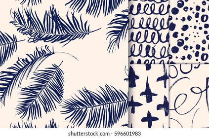 Set of blue patterns drawn with dry brush.  Palm leaves, stocks, spots, net.