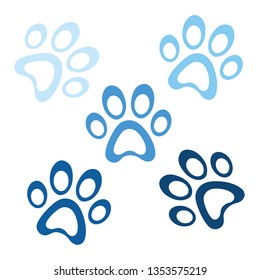 Set blue paws vector shape multicolored icon, animal paw icons isolated, graphic footprint, simple pets element illustration
