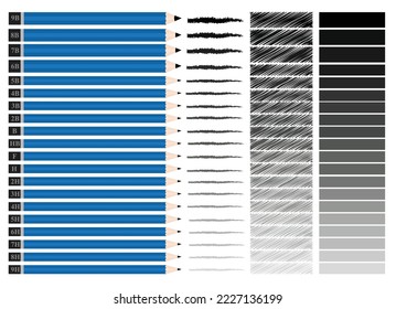 Set of blue pencil 9B, 8B, 7B, 6B, 5B, 4B, 3B, 2B, B, HB, F, H, 2H, 3H, 4H, 5H, 6H, 7H, 8H and 9H.Range of hardness.Drawing pencil and line.Grading scale for graphite.Brush.Vector illustration.