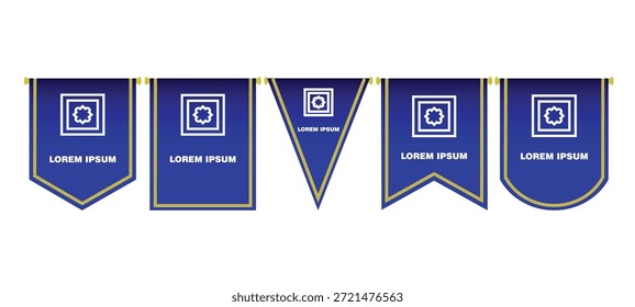 Set of blue pennant flags with gold borders and geometric logo icons. Elegant banner templates for sports, awards, or branding. Vector illustration in different shapes like shield, swallowtail