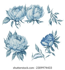 Set of Blue Peonies Flower Arrangement Watercolor Illustration.