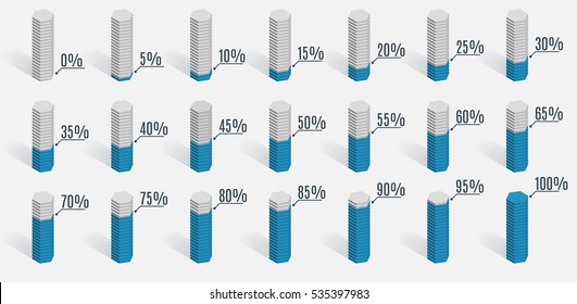 Set of blue percentage charts for infographics, 0 5 10 15 20 25 30 35 40 45 50 55 60 65 70 75 80 85 90 95 100 percent. Vector illustration.