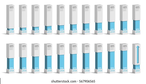 Set of blue percentage charts for infographics, 0 5 10 15 20 25 30 35 40 45 50 55 60 65 70 75 80 85 90 95 100 percent. Vector illustration.