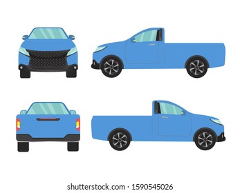 Set of blue pickup truck single cab car view on white background,illustration vector,Side, front, back